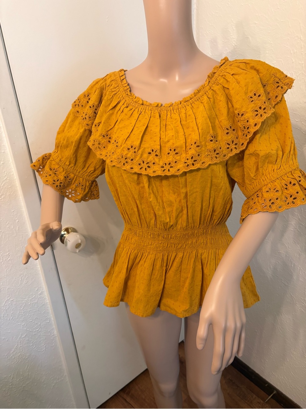 a new day Mustard Eyelet Ruffle Peplum Blouse